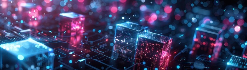 Abstract digital landscape with glowing neon cubes and bokeh lights. Futuristic technology and cyber network concept background.