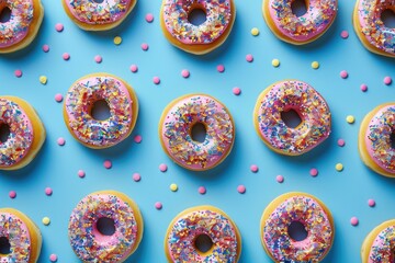 Top view of assorted glazed donuts with vibrant sprinkles scattered on a blue surface