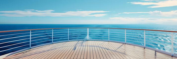 Ocean view with copy space image of a cruise ship deck and railing