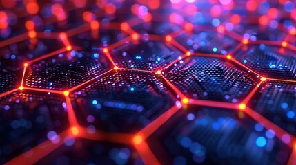 Wall Mural - Close-up of a futuristic hexagon pattern with glowing red and blue lights, representing advanced technology and modern innovation.