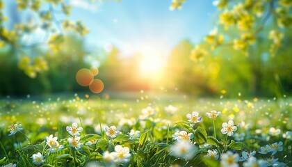 Wall Mural - sunny day nature's beauty blooms with a blurred spring background, glade filled with blossoms, trees, and a serene blue sky. Captivating, Springtime Beauty, Tranquil Landscape.