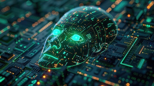 Futuristic digital human face integrated with electronic circuit board symbolizing artificial intelligence and technology innovation.