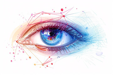 Vibrant digital artwork of an eye with colorful abstract geometric lines and shapes on a white background	