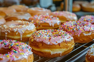 Sticker - Delectable glazed doughnuts topped with colorful sprinkles on a bakery rack