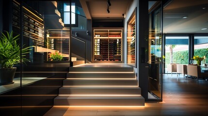 Wall Mural - a modern staircase with a central, glass-enclosed wine cellar visible from the steps