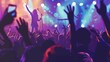 © olga_demina - Animated concert crowd with arms raised capturing a singer on stage amidst colorful lights. Symbolizing unity and the thrill of live music festivals.