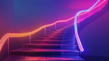 A minimalist staircase with a handrail made of intertwined neon tubes, casting a vibrant glow along the path