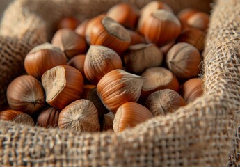 A close-up shot of raw hazelnuts in a textile bag, ideal for baking ingredients.