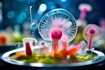 Poster - This super macro-zoom image unveils a hidden world teeming with life. Within the confines of a laboratory petri dish, a vibrant tapestry of microorganisms unfolds. 