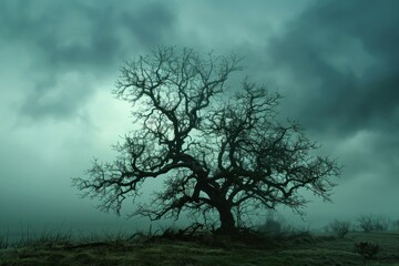 Canvas Print - Creepy, bare tree stands against a moody, foggy twilight sky, evoking a sense of mystery