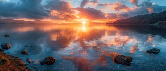 Wall Mural - A serene sunset over the tranquil lake, captured in stunning detail