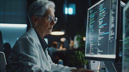 Experienced female coder working on a computer in a modern tech environment