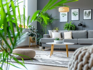 Wall Mural - A living room with a couch, coffee table, and potted plants. The room has a natural and calming atmosphere, with the plants adding a touch of greenery and life