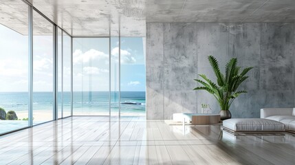 Sticker - Beach House Background. Modern Luxury Living Room Interior Design with Sea View