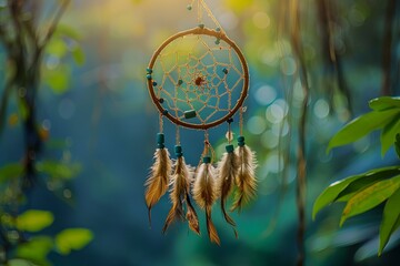 Sticker - Traditional dreamcatcher basks in the warm glow of sunlight filtering through the forest foliage