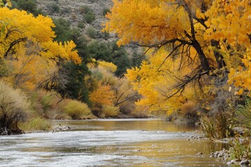 Sticker - Desert River. Majestic Landscapes of the Rio Grande River in Vibrant Autumn Colors