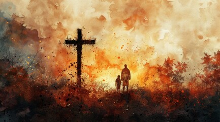 Wall Mural - The concept of glorification and worship: the silhouette of a Christian family looking for a cross on the background of an autumn sunrise, watercolor style. text Digital corollary