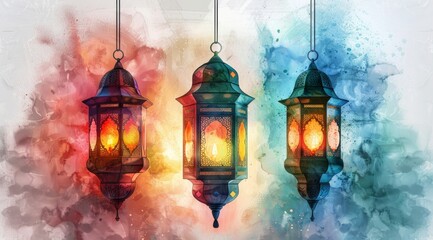 Wall Mural - Vintage ramadan lantern with night background illustration set mandala, white background, watercolor style. Digital illustration 