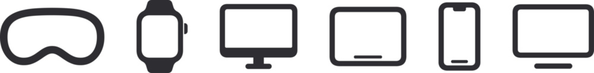 Multiple operating system brand logo icon set including IOS, Mac Os, watchOS, Vision Pro,  logos. Gadgets latest devices operating system brand logo set