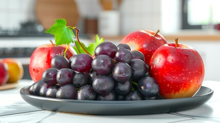 Fresh apples and grapes on a white plate in a modern kitchen. Kitchen interior, fresh fruits, healthy food, home decor concept