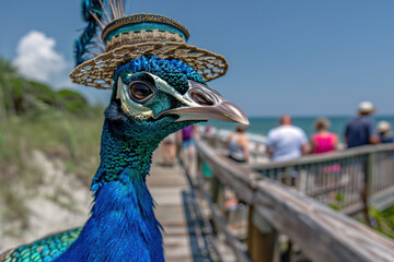A peacock confidently wears a hat on its head in a display of relaxed fun during the summer