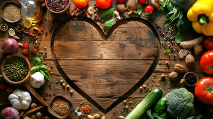 Heart-shaped wood surface surrounded by fresh vegetables and spices. Food preparation, culinary art, healthy eating, cooking concept. Copy space