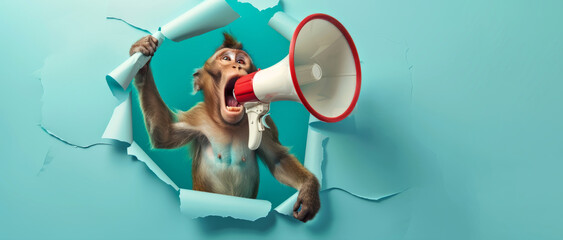 monkey holding a megaphone. screaming, Promotion, action, holiday, ad, job questions. Vacancy. Business discount concept, communication, information, news, team media