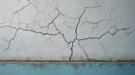 Wall Mural - A very old white wall has cracks showing a small piece of light blue background.