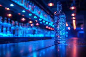 Wall Mural - Vibrant bar scene with blue lit shelves and an array of colorful bottles creating an energetic nightlife atmosphere