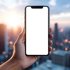 Wall Mural - Close-up of Hand Holding Smartphone with Blank Screen Against Blurred City Background,

