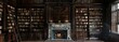 © MuhammadAshir - Traditional Georgian manor library interior with dark wood paneling, a grand marble fireplace, and a ladder leading to high bookshelves