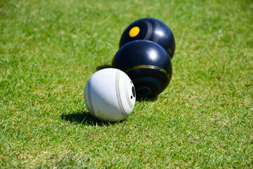 Wall Mural - Crown green bowling, close up of white jack with bowling balls on target near by.