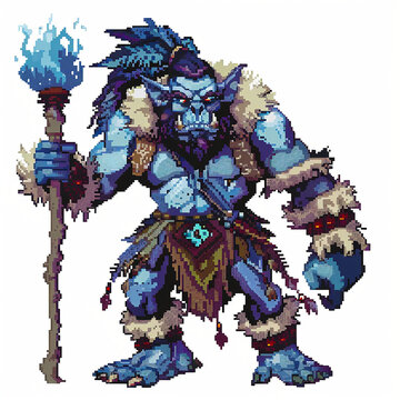 A 8-bit, 16-bit, 64-bit, illustration image art of a ogre, warrior, fiend, warrior mage, goblins, with a white background. 