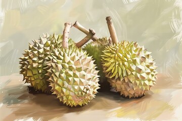 Sticker - Two whole durian fruits with spiky shells against a softfocus tropical background