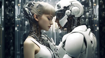 Wall Mural - a woman and a robot are facing each other in a room full of metal objects