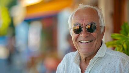 Wall Mural - a man with sunglasses on smiling for the camera with a plant in the background