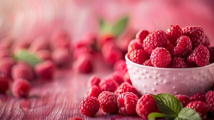 Wall Mural - Looking background with raspberries in a bowl on a wooden table, closeup. 