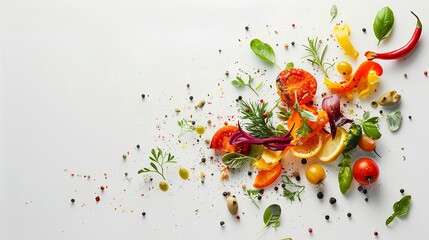 Wall Mural -  Delicious vegetables, herbs and spices flying through the air on a white background, in the style of food photography. 