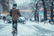 © anatolir - Person riding an electric scooter on a snowy city street, with festive lights and snowfall
