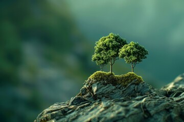 Poster - Tranquil scene of two trees standing atop a rugged mountain against a soft, misty background