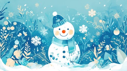 Wall Mural - A festive Christmas card backdrop featuring snowflakes and a cheerful snowman set against a serene blue background depicted in a charming 2d illustration