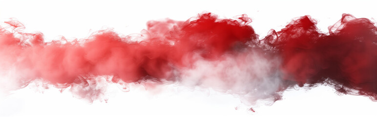 Wall Mural - Red fog or smoke color creates an isolated transparent special effect. Abstract red dust explosion contrasts with a white background. Banner