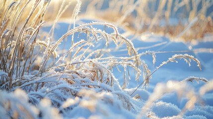 Canvas Print - Close up of snow covered dry grass in winter