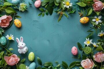 Sticker - Flat lay of easter eggs, flowers, and a white bunny on a pastel blue backdrop