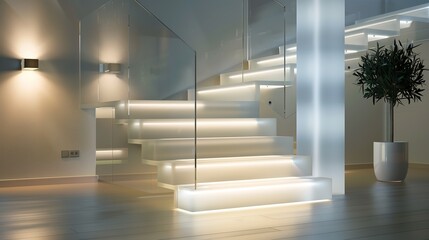 Wall Mural - a modern staircase with a central, frosted glass column that radiates a soft, ambient light, illumin