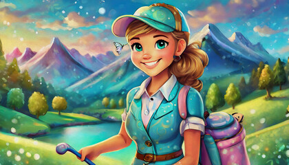 Wall Mural - oil painting style Cartoon character Professional woman golf player choosing the golf club from the bag