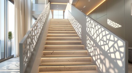 Wall Mural - a modern staircase with a geometric patterned railing design