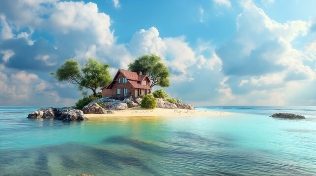 A small house is on a small island in the ocean