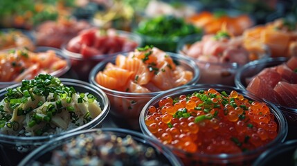 Close Up of Many Bowls of Food