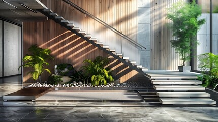 Wall Mural - a modern staircase with a mix of stone, wood, and metal materials
